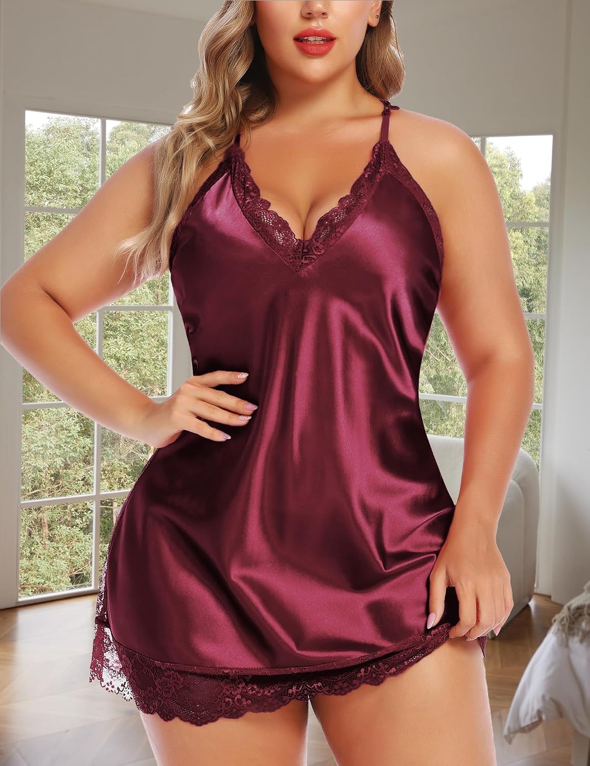 image:imageAvidlove Women Lingerie Plus Size Satin Lace Chemise Nightgown Sexy Full Slips Sleepwear L4XLDark Red
