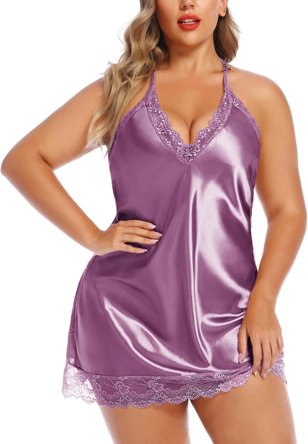 image:imageAvidlove Women Lingerie Plus Size Satin Lace Chemise Nightgown Sexy Full Slips Sleepwear L4XLLilac