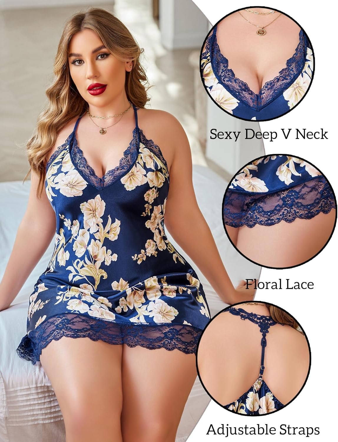 image:imageAvidlove Women Lingerie Plus Size Satin Lace Chemise Nightgown Sexy Full Slips Sleepwear L4XLNavy Blue Floral