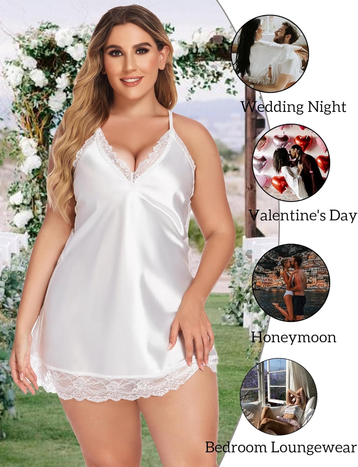 image:imageAvidlove Women Lingerie Plus Size Satin Lace Chemise Nightgown Sexy Full Slips Sleepwear L4XLWhite