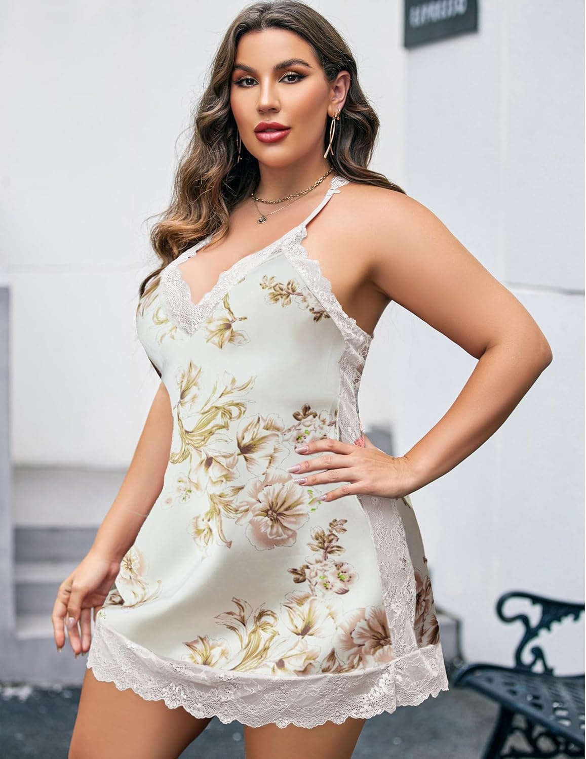 image:imageAvidlove Women Lingerie Plus Size Satin Lace Chemise Nightgown Sexy Full Slips Sleepwear L4XLWhite Floral