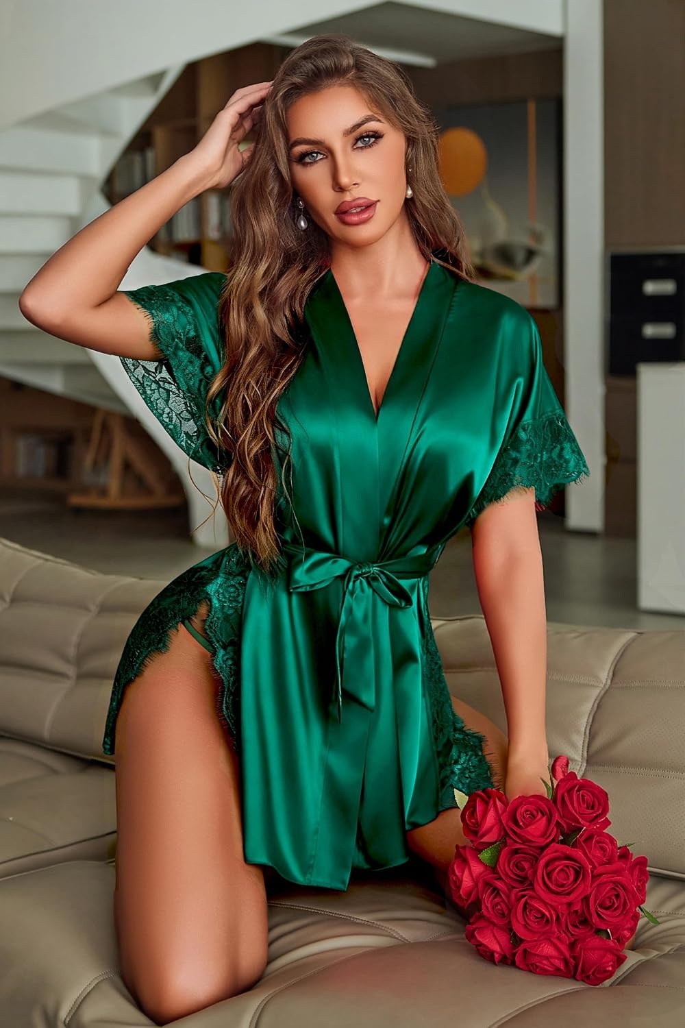 image:imageAvidlove Women Lingerie Robe Satin Sleepwear Eyelash Lace Kimono Side Split Sexy Silk RobesDark Green