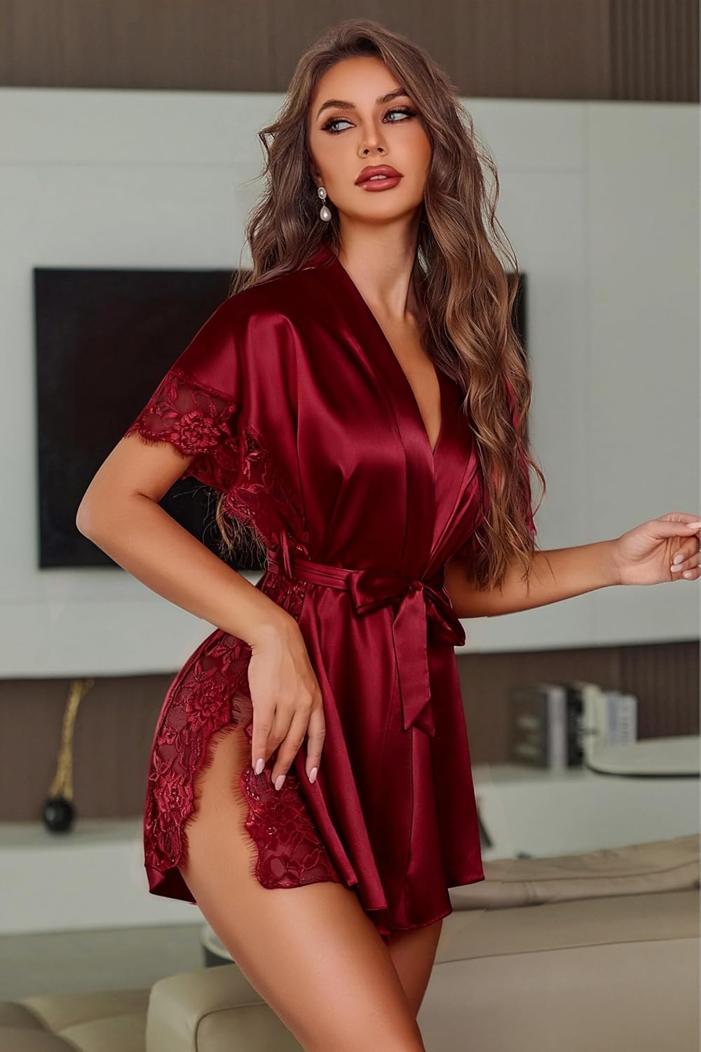 image:imageAvidlove Women Lingerie Robe Satin Sleepwear Eyelash Lace Kimono Side Split Sexy Silk RobesDark Red