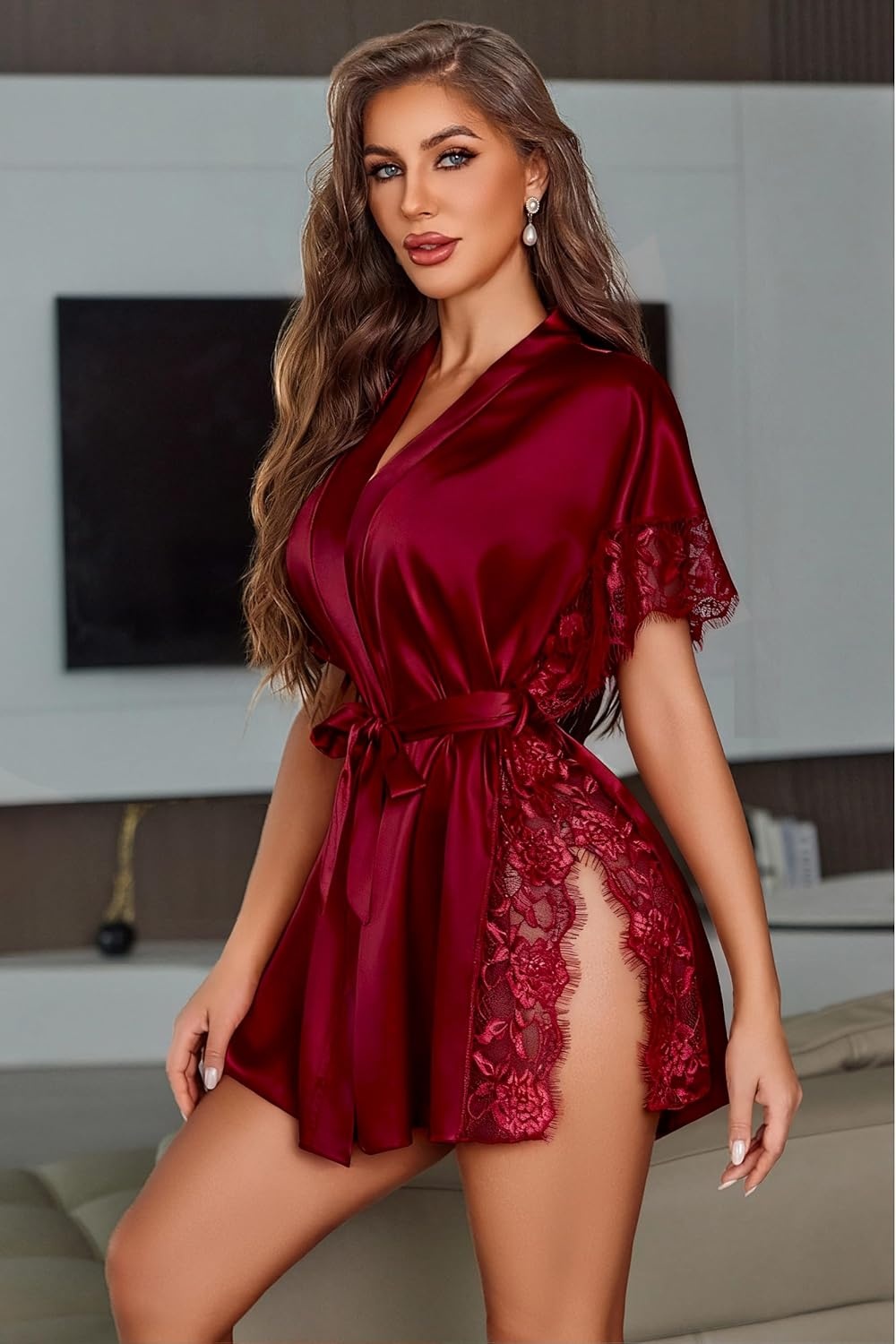 image:imageAvidlove Women Lingerie Robe Satin Sleepwear Eyelash Lace Kimono Side Split Sexy Silk RobesDark Red