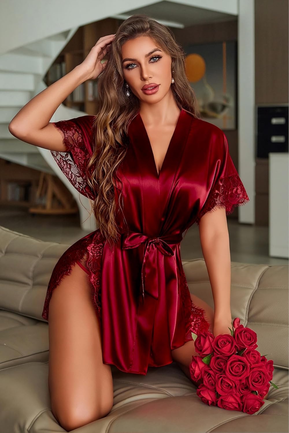 image:imageAvidlove Women Lingerie Robe Satin Sleepwear Eyelash Lace Kimono Side Split Sexy Silk RobesDark Red