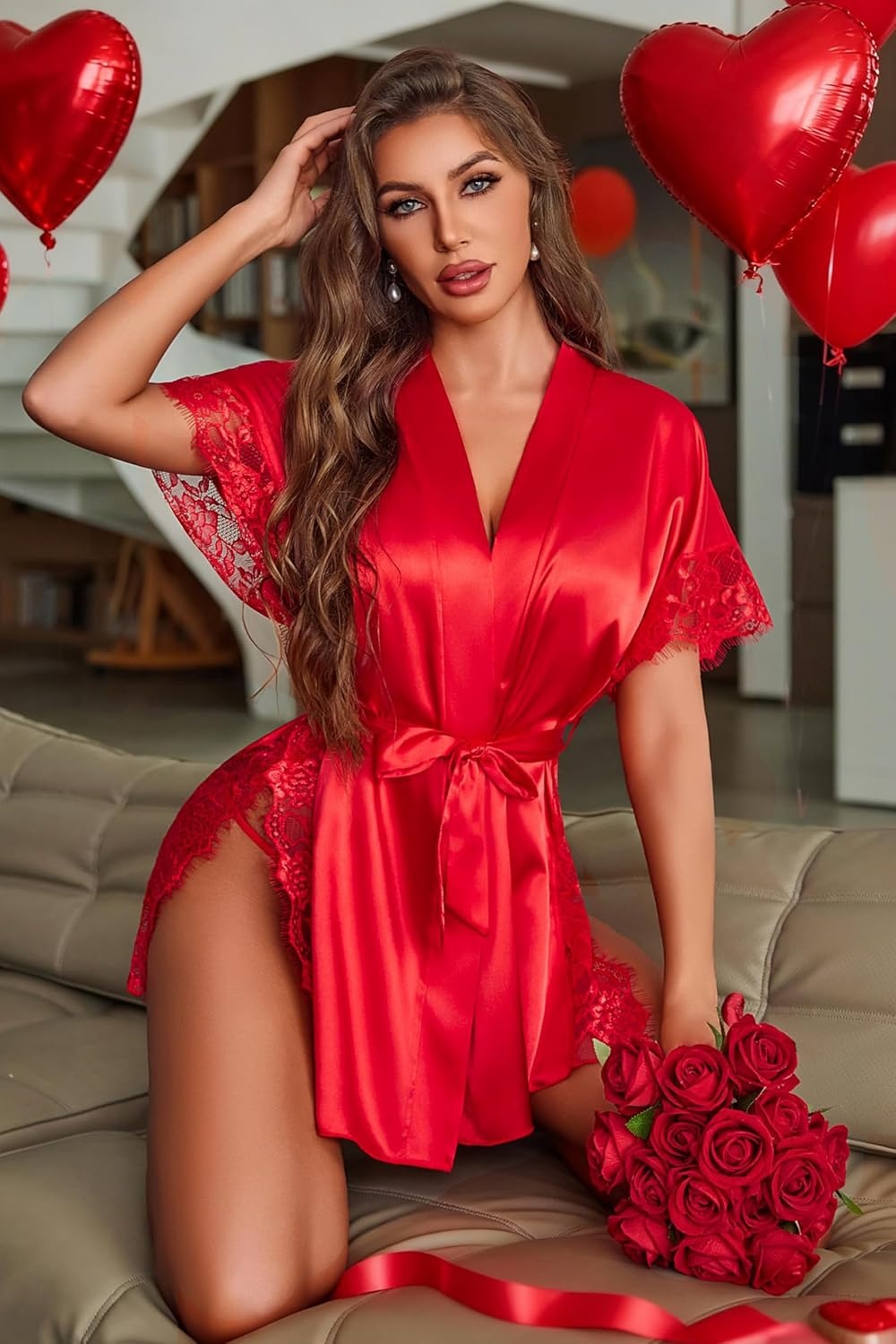 image:imageAvidlove Women Lingerie Robe Satin Sleepwear Eyelash Lace Kimono Side Split Sexy Silk RobesRed