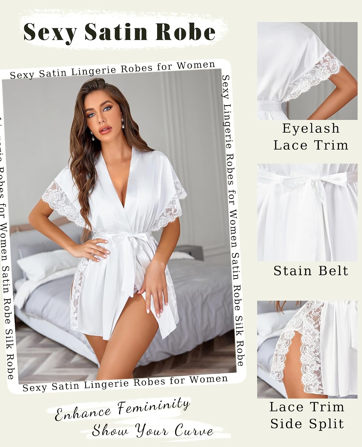 image:imageAvidlove Women Lingerie Robe Satin Sleepwear Eyelash Lace Kimono Side Split Sexy Silk RobesWhite