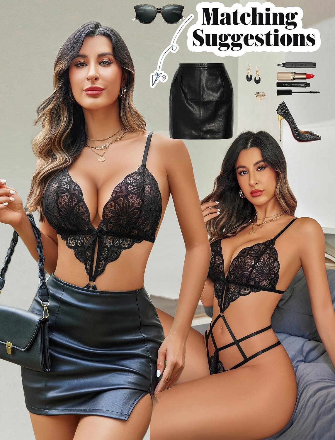 image:imageAvidlove Women Lingeries Deep V Teddy Lingerie Sexy Lace Bodysuit Cut Out One Piece Mini BabydollBlack