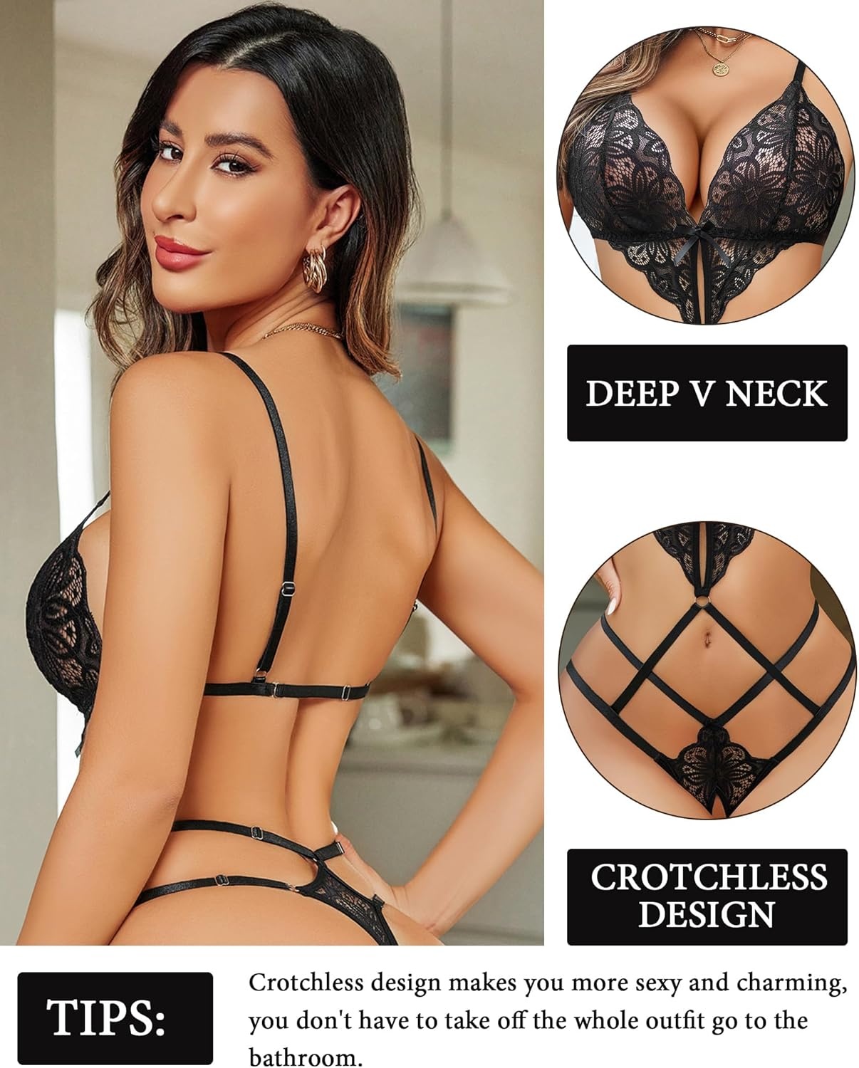 image:imageAvidlove Women Lingeries Deep V Teddy Lingerie Sexy Lace Bodysuit Cut Out One Piece Mini BabydollBlack