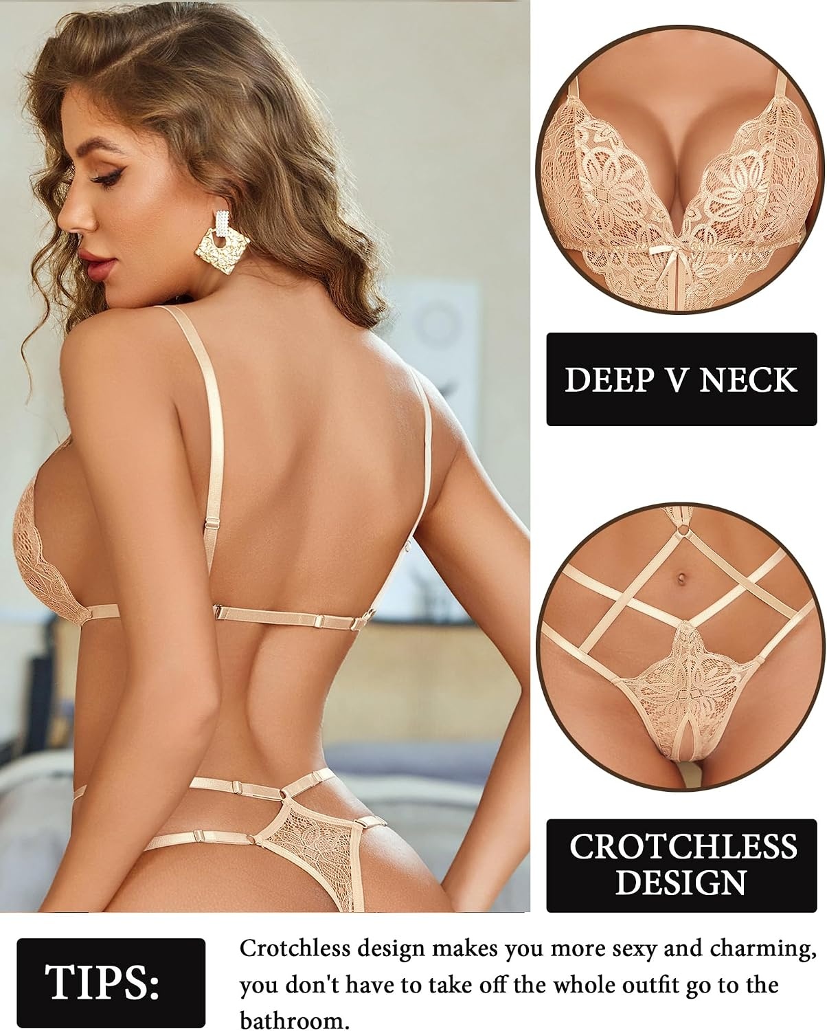 image:imageAvidlove Women Lingeries Deep V Teddy Lingerie Sexy Lace Bodysuit Cut Out One Piece Mini BabydollCamel