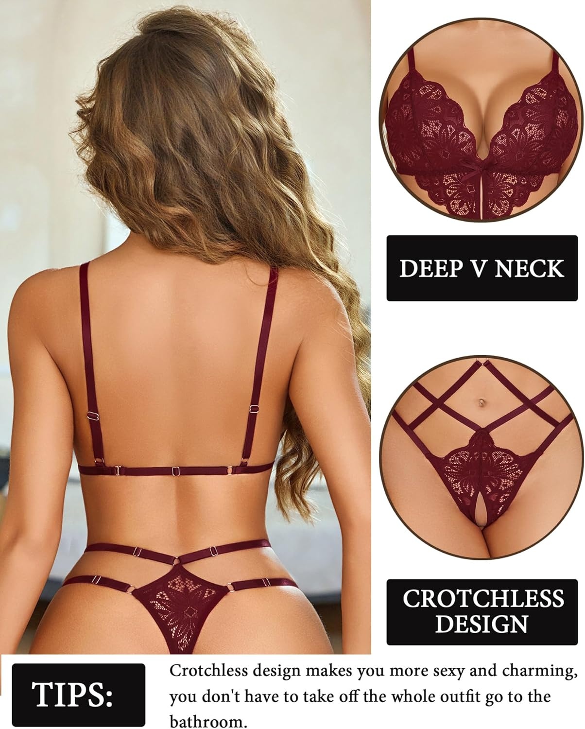 image:imageAvidlove Women Lingeries Deep V Teddy Lingerie Sexy Lace Bodysuit Cut Out One Piece Mini BabydollCherry Red