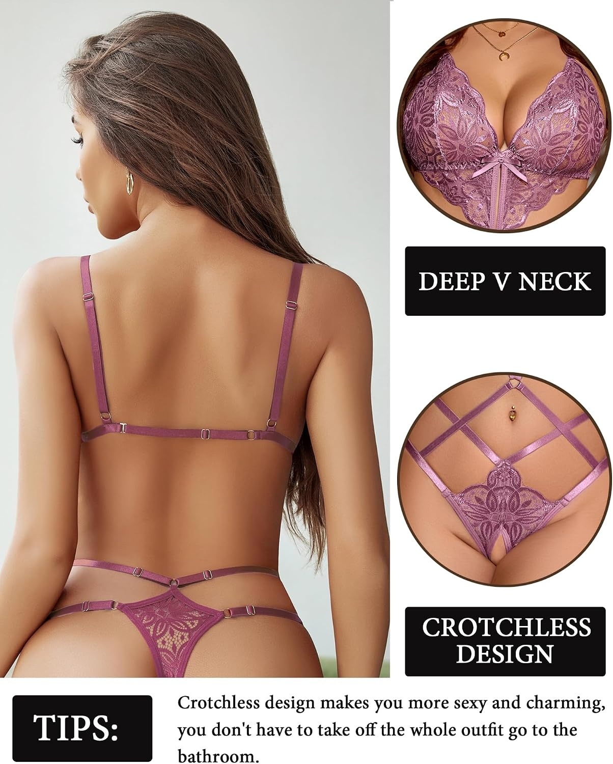 image:imageAvidlove Women Lingeries Deep V Teddy Lingerie Sexy Lace Bodysuit Cut Out One Piece Mini BabydollGrape Nectar