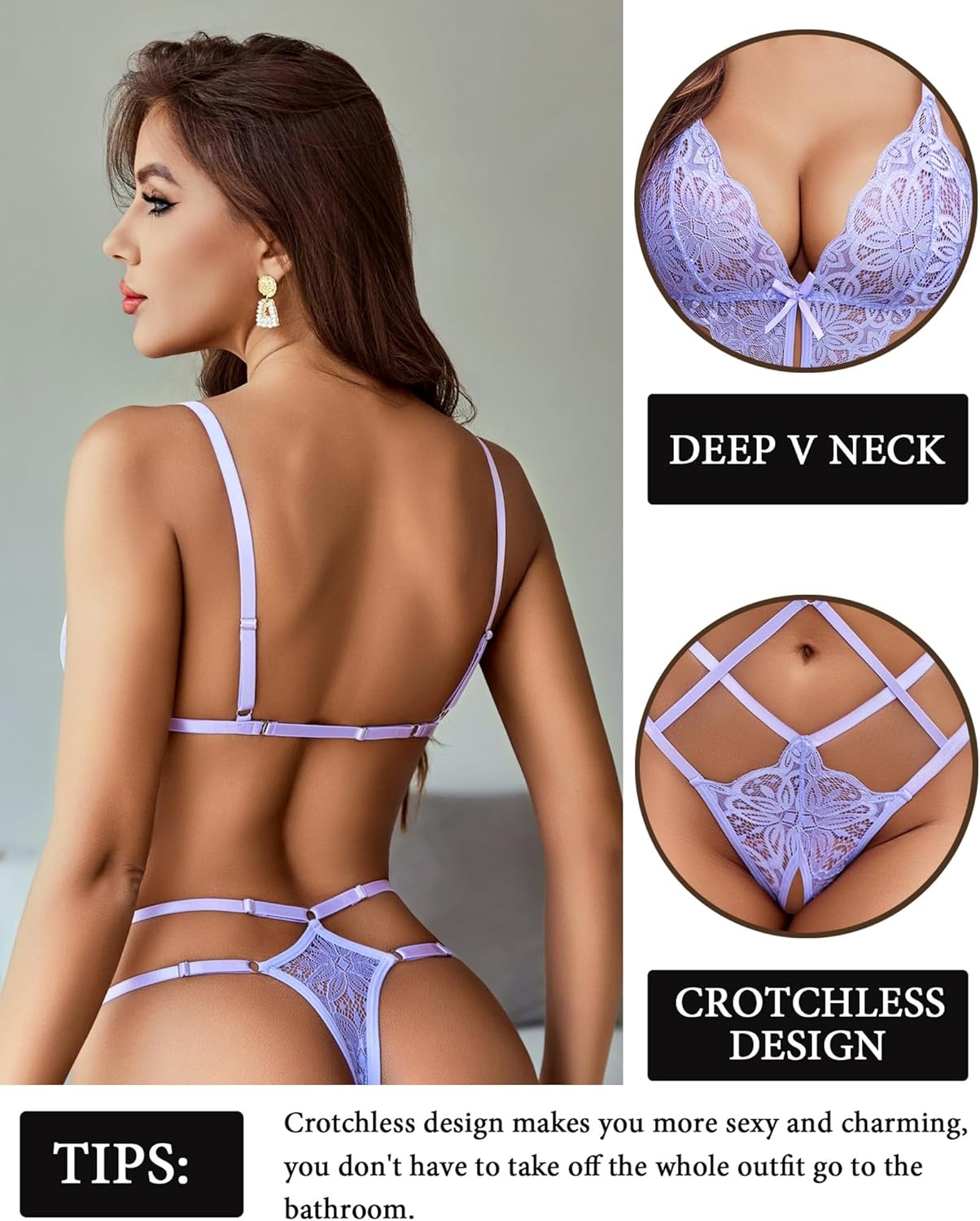 image:imageAvidlove Women Lingeries Deep V Teddy Lingerie Sexy Lace Bodysuit Cut Out One Piece Mini BabydollLavender
