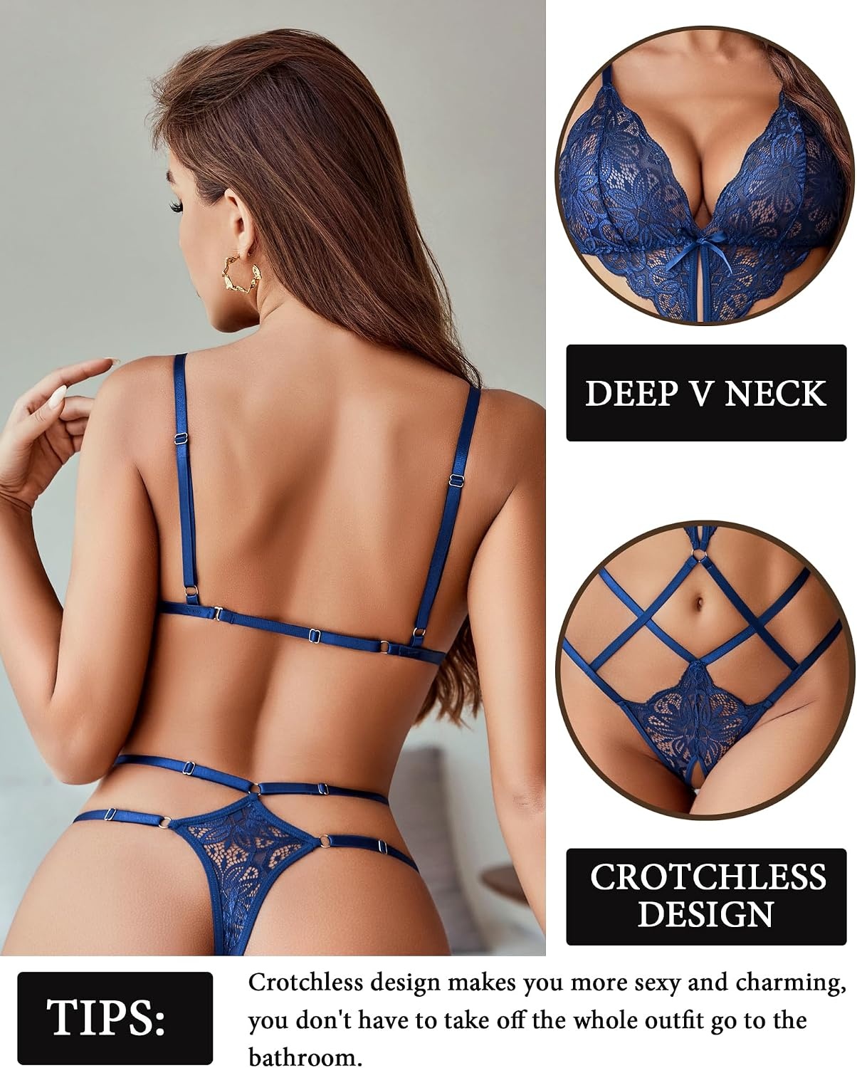 image:imageAvidlove Women Lingeries Deep V Teddy Lingerie Sexy Lace Bodysuit Cut Out One Piece Mini BabydollNavy Blue