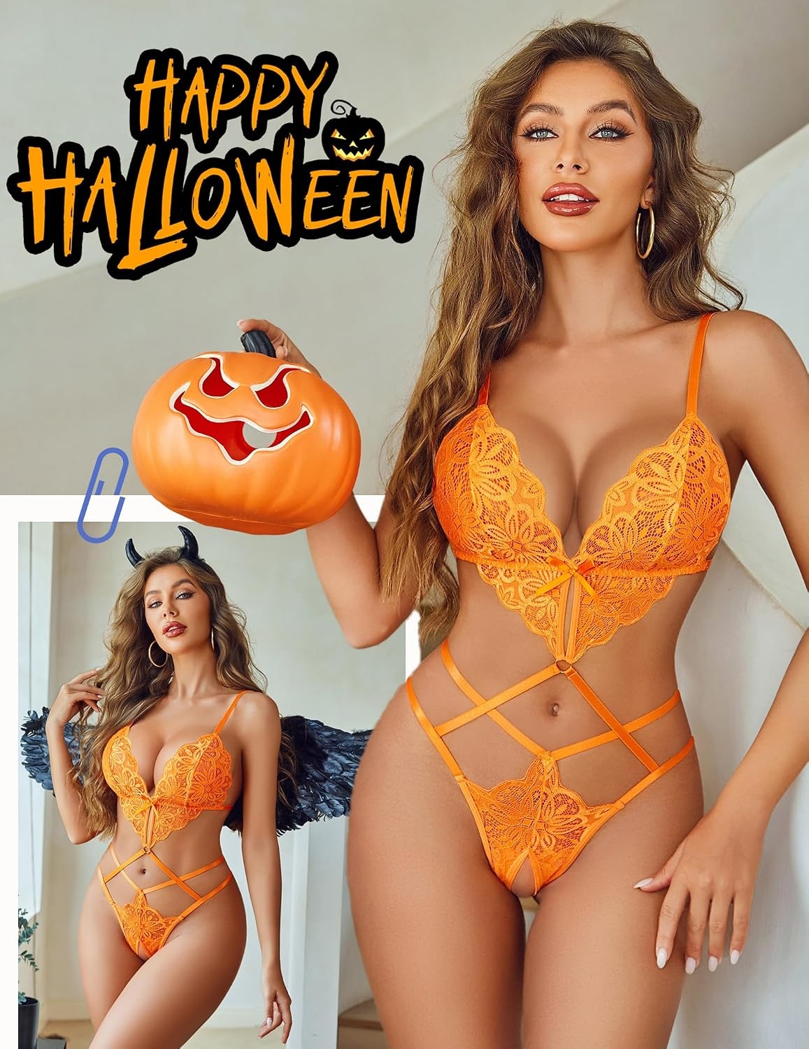 image:imageAvidlove Women Lingeries Deep V Teddy Lingerie Sexy Lace Bodysuit Cut Out One Piece Mini BabydollOrange