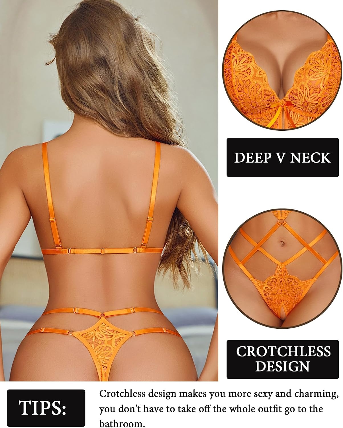 image:imageAvidlove Women Lingeries Deep V Teddy Lingerie Sexy Lace Bodysuit Cut Out One Piece Mini BabydollOrange