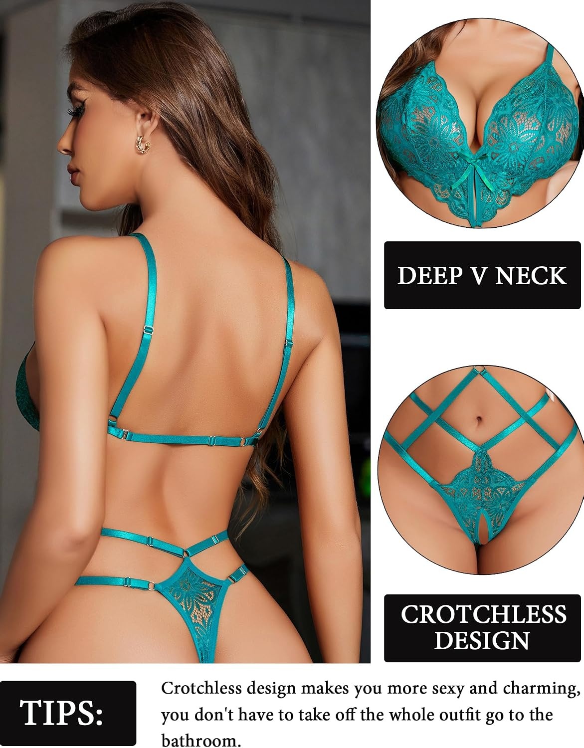 image:imageAvidlove Women Lingeries Deep V Teddy Lingerie Sexy Lace Bodysuit Cut Out One Piece Mini BabydollPeacock Blue