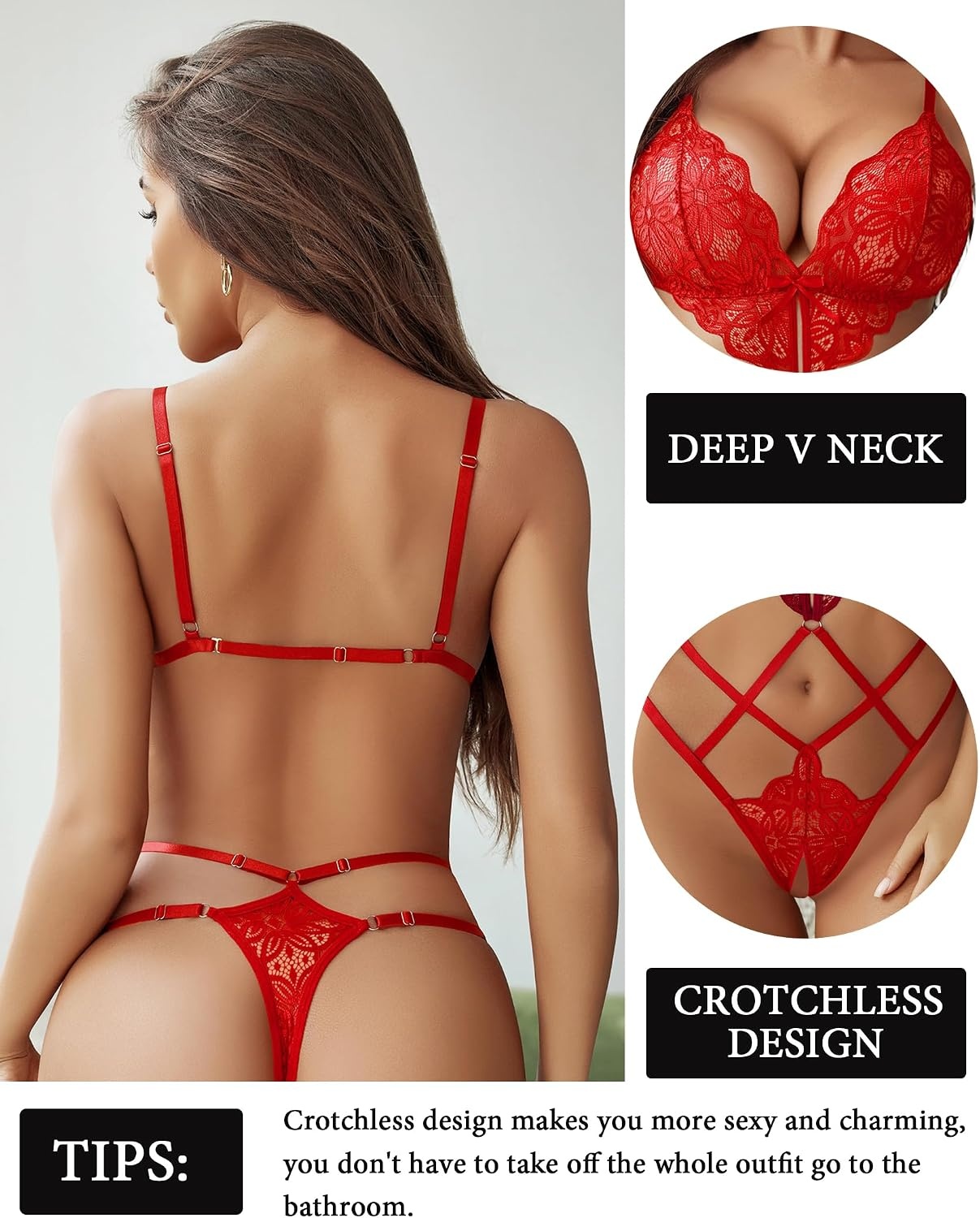 image:imageAvidlove Women Lingeries Deep V Teddy Lingerie Sexy Lace Bodysuit Cut Out One Piece Mini BabydollRed