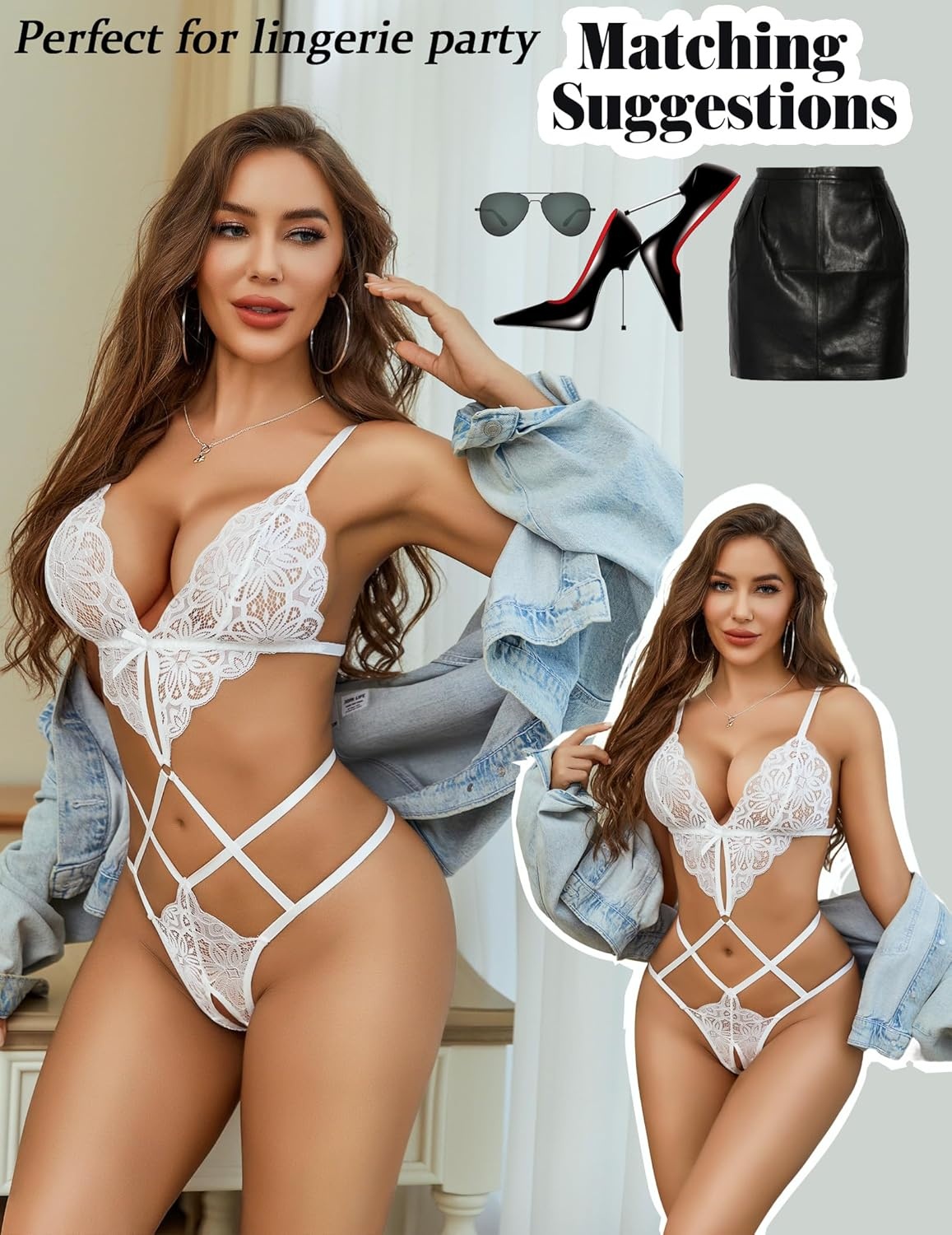 image:imageAvidlove Women Lingeries Deep V Teddy Lingerie Sexy Lace Bodysuit Cut Out One Piece Mini BabydollWhite