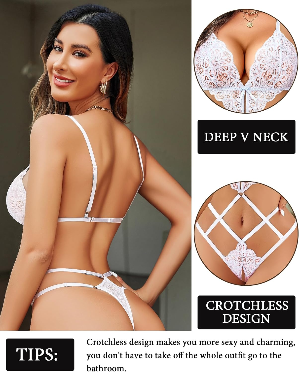 image:imageAvidlove Women Lingeries Deep V Teddy Lingerie Sexy Lace Bodysuit Cut Out One Piece Mini BabydollWhite