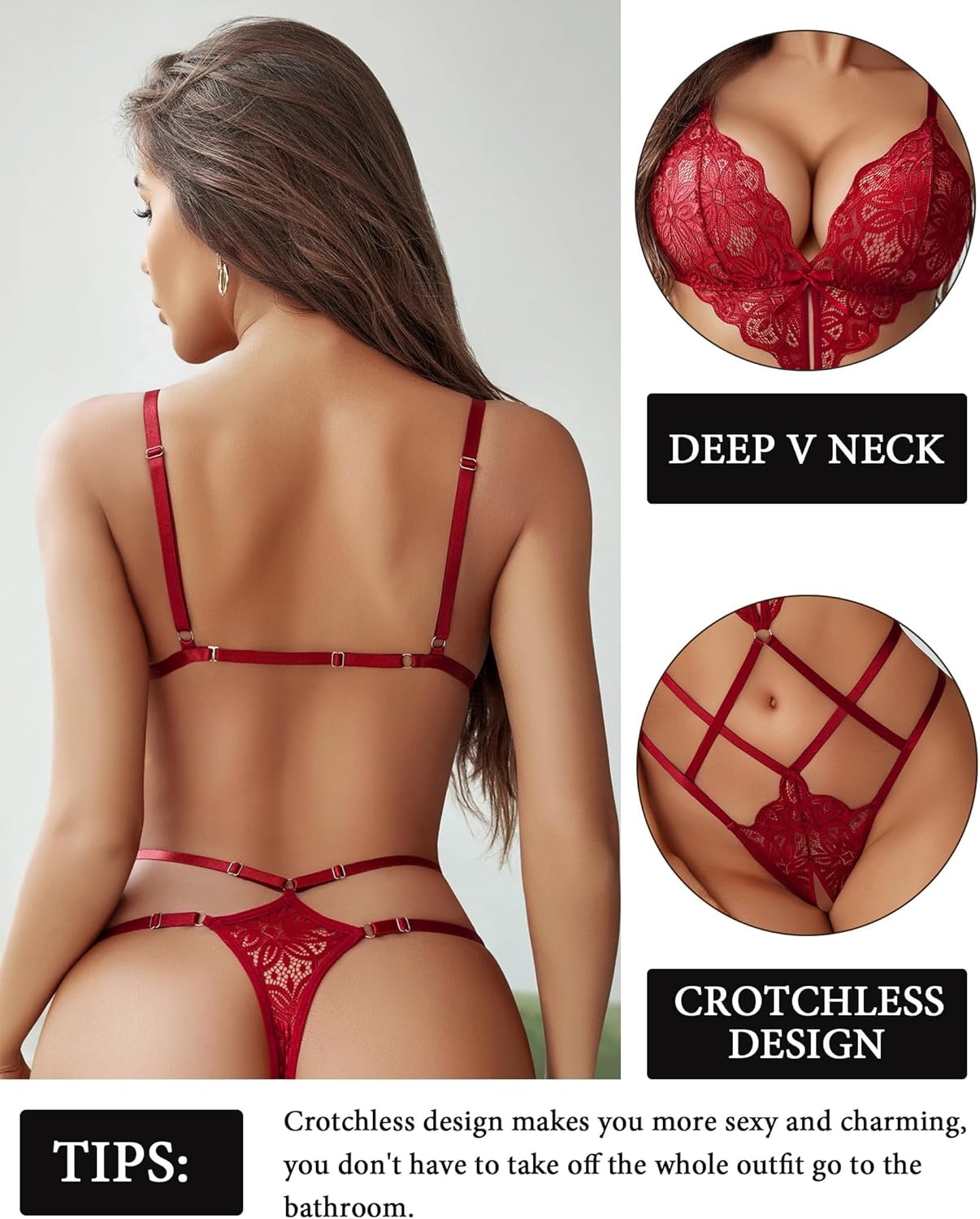image:imageAvidlove Women Lingeries Deep V Teddy Lingerie Sexy Lace Bodysuit Cut Out One Piece Mini BabydollWine Red