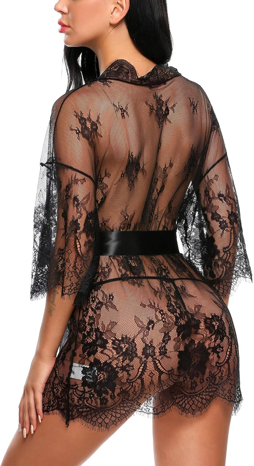 image:imageAvidlove Womens Lace Kimono Robe Babydoll Lingerie Mesh Nightgown S5XL1black