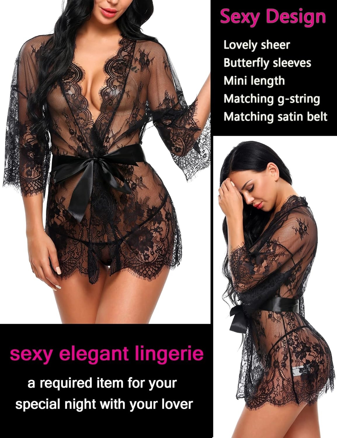 image:imageAvidlove Womens Lace Kimono Robe Babydoll Lingerie Mesh Nightgown S5XL1black