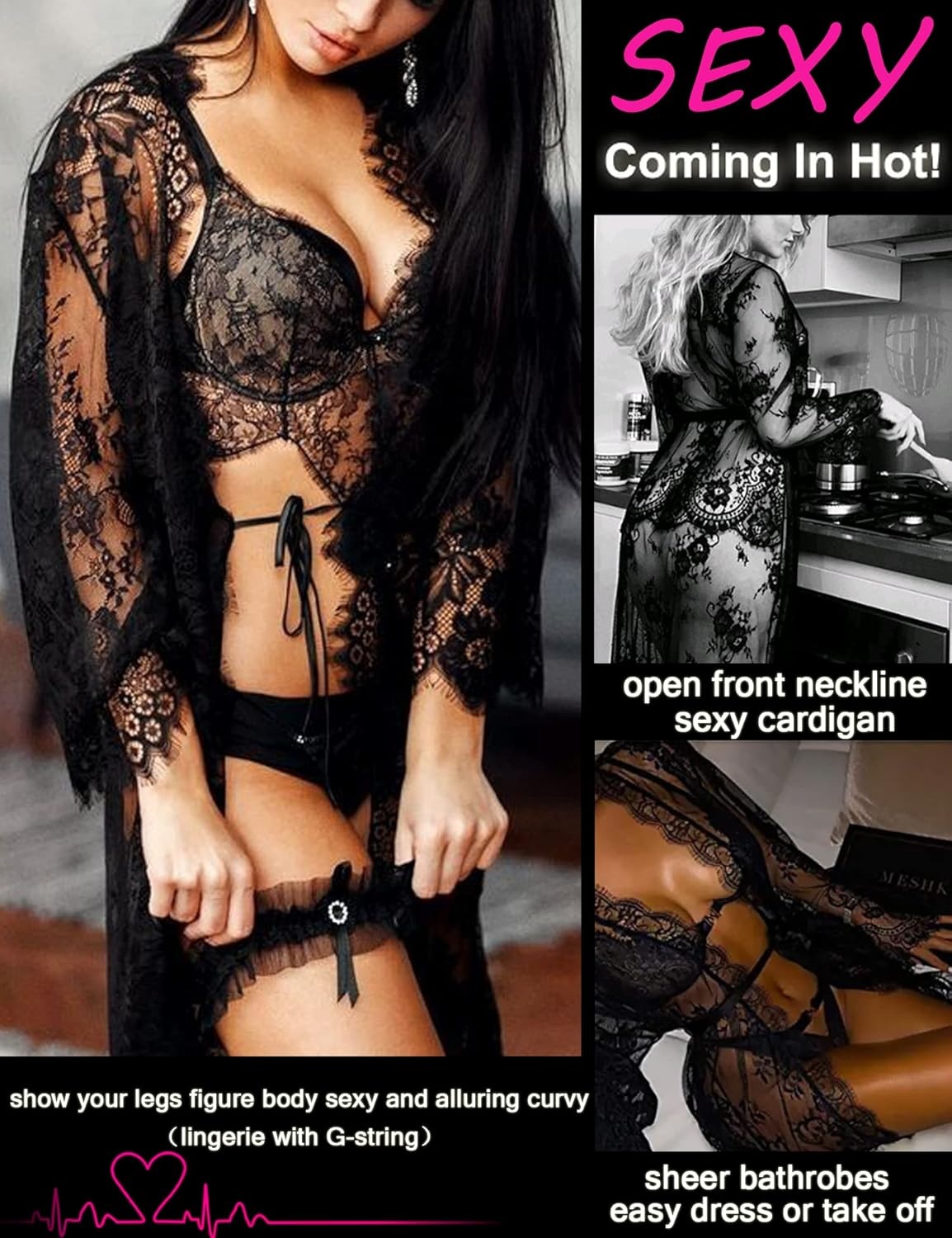 image:imageAvidlove Womens Lace Kimono Robe Babydoll Lingerie Mesh Nightgown S5XL1black
