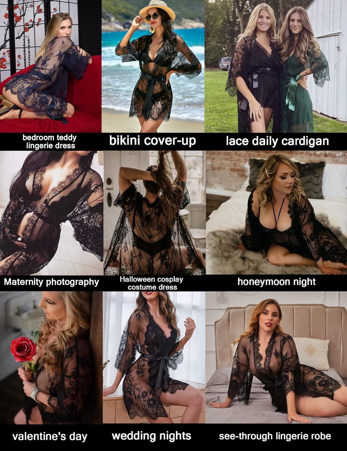 image:imageAvidlove Womens Lace Kimono Robe Babydoll Lingerie Mesh Nightgown S5XL1black