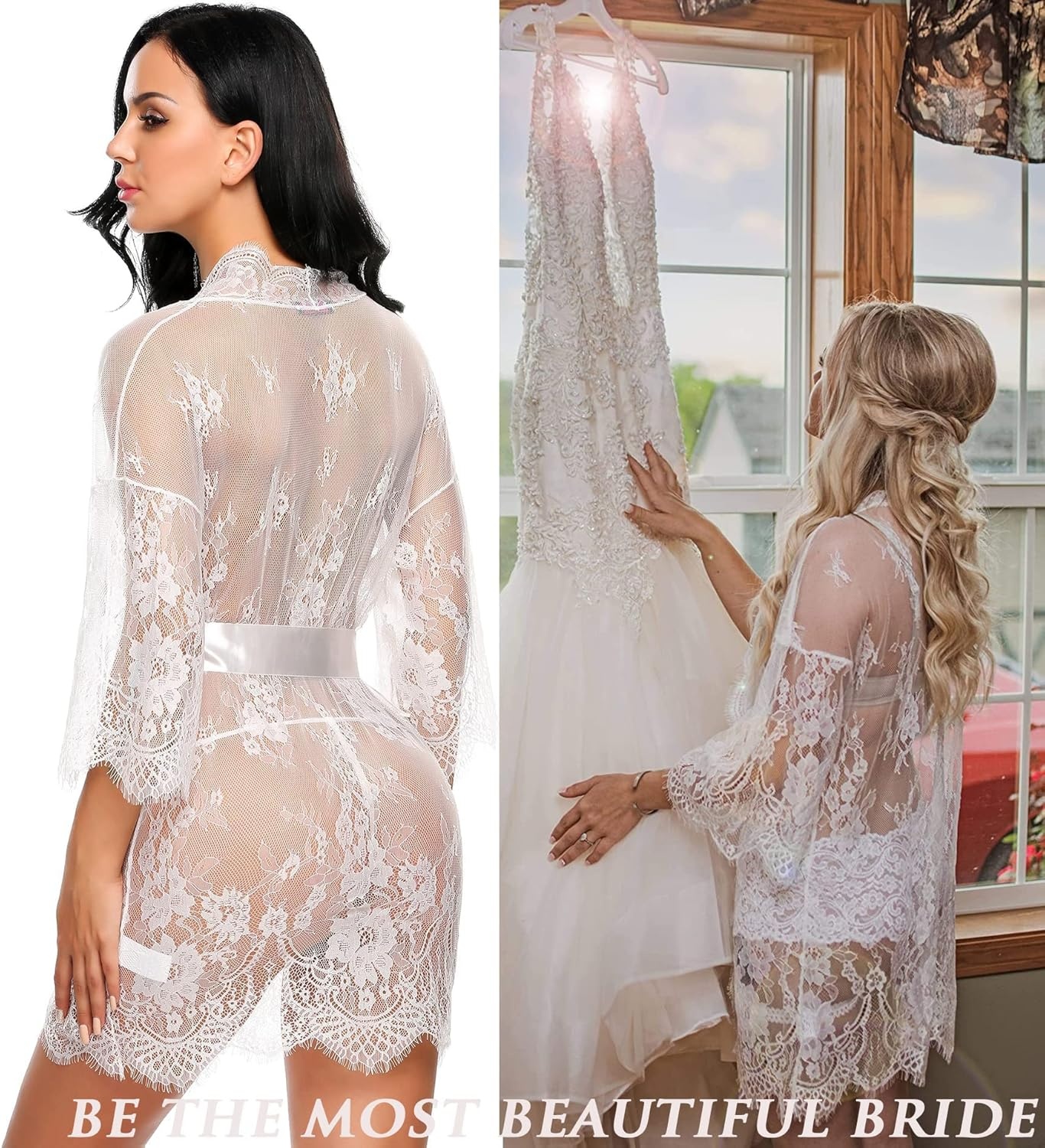 image:imageAvidlove Womens Lace Kimono Robe Babydoll Lingerie Mesh Nightgown S5XL1white