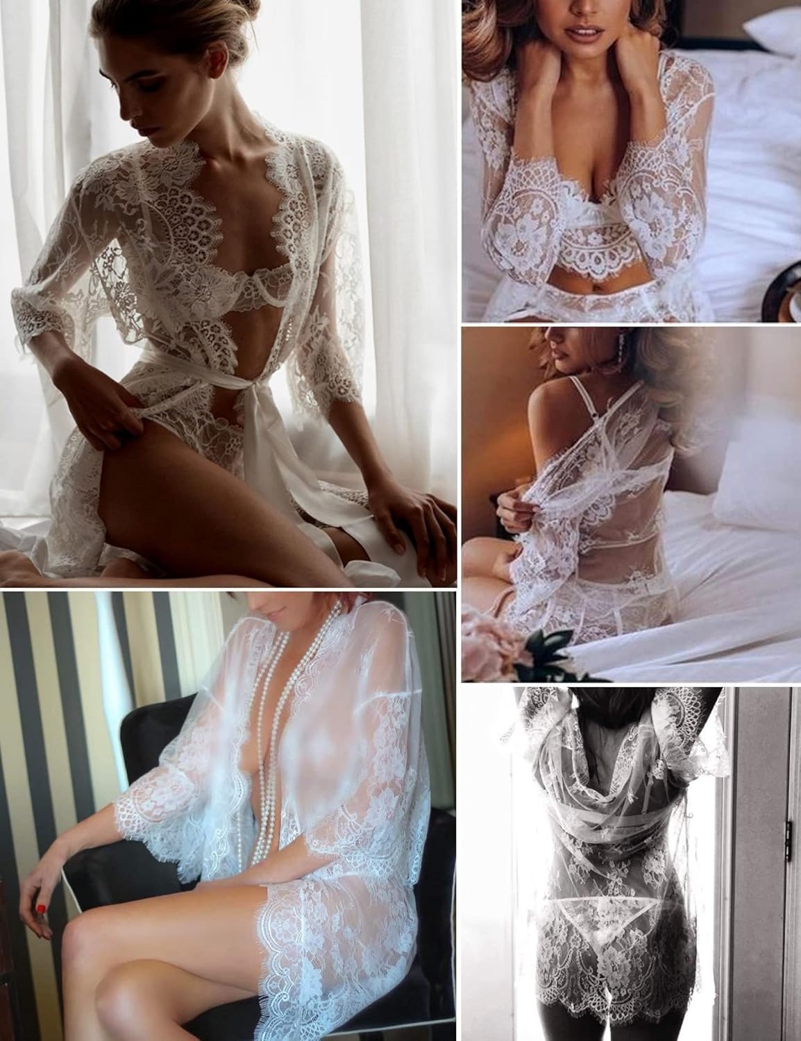 image:imageAvidlove Womens Lace Kimono Robe Babydoll Lingerie Mesh Nightgown S5XL1white