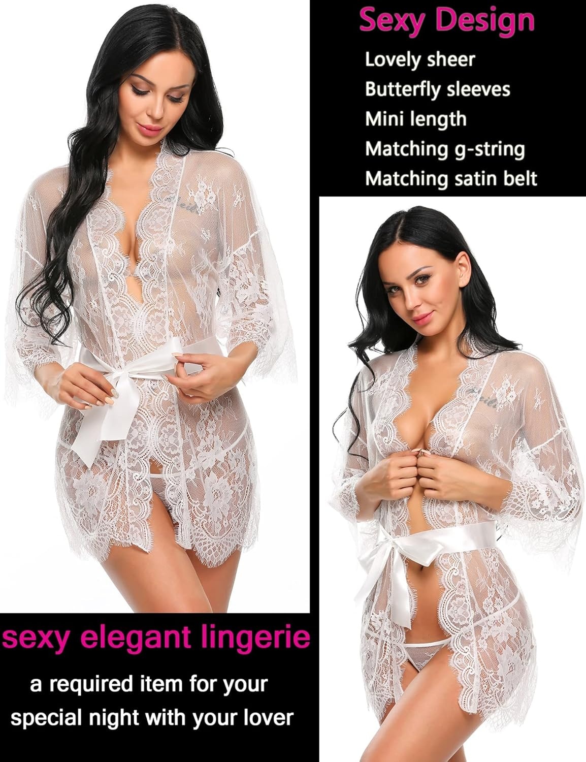 image:imageAvidlove Womens Lace Kimono Robe Babydoll Lingerie Mesh Nightgown S5XL1white