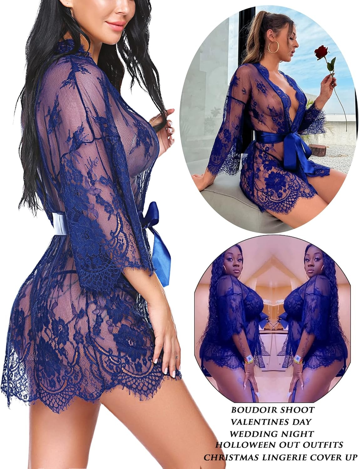 image:imageAvidlove Womens Lace Kimono Robe Babydoll Lingerie Mesh Nightgown S5XLBlue
