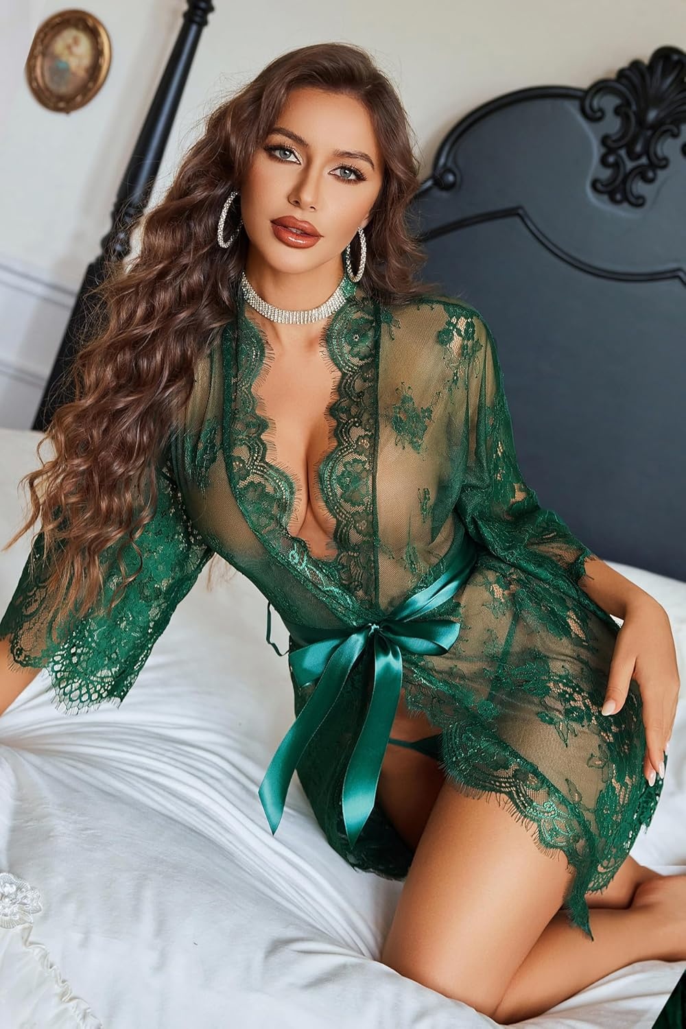 image:imageAvidlove Womens Lace Kimono Robe Babydoll Lingerie Mesh Nightgown S5XLDark Green