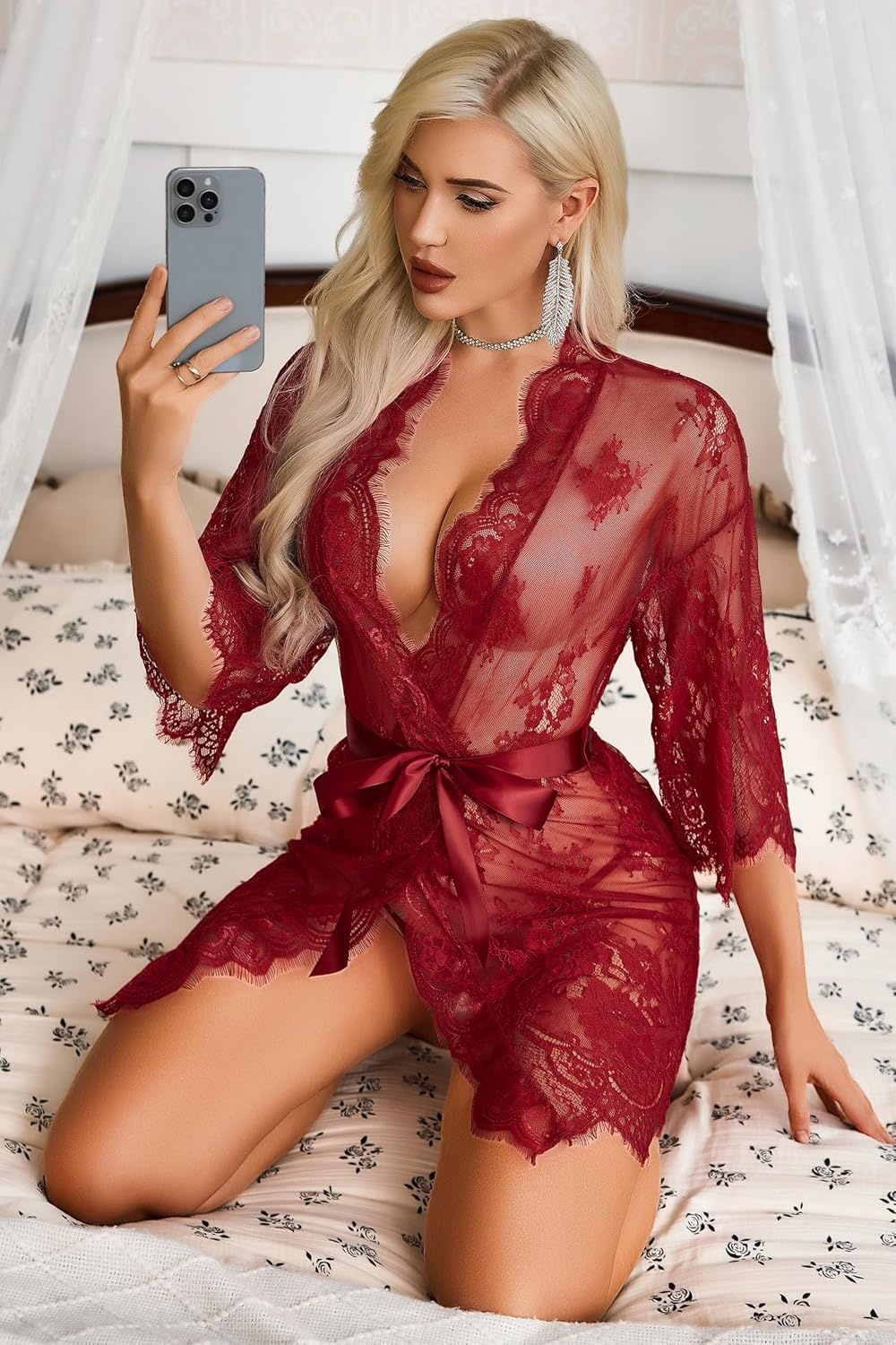 image:imageAvidlove Womens Lace Kimono Robe Babydoll Lingerie Mesh Nightgown S5XLDark Red