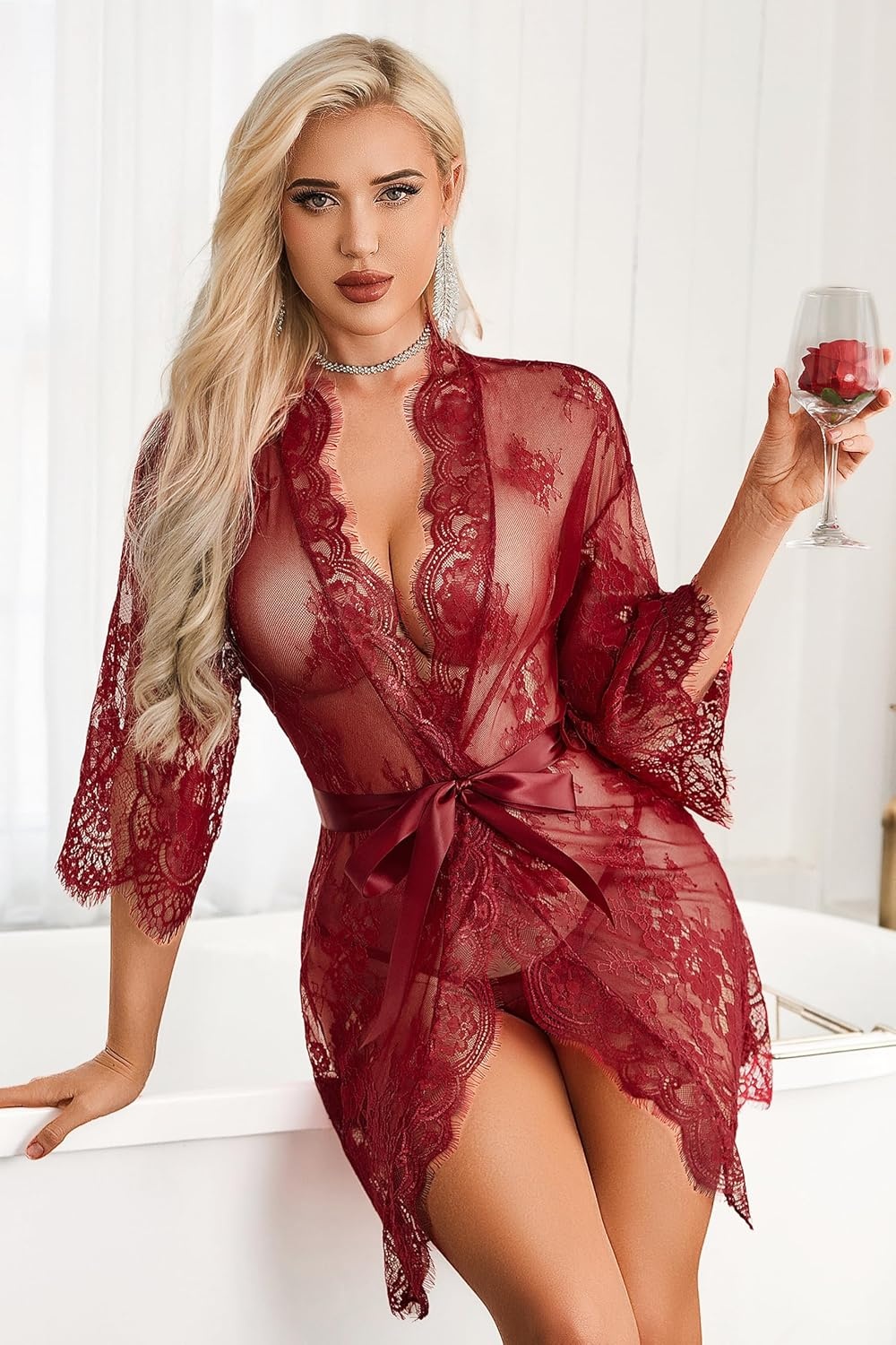 image:imageAvidlove Womens Lace Kimono Robe Babydoll Lingerie Mesh Nightgown S5XLDark Red