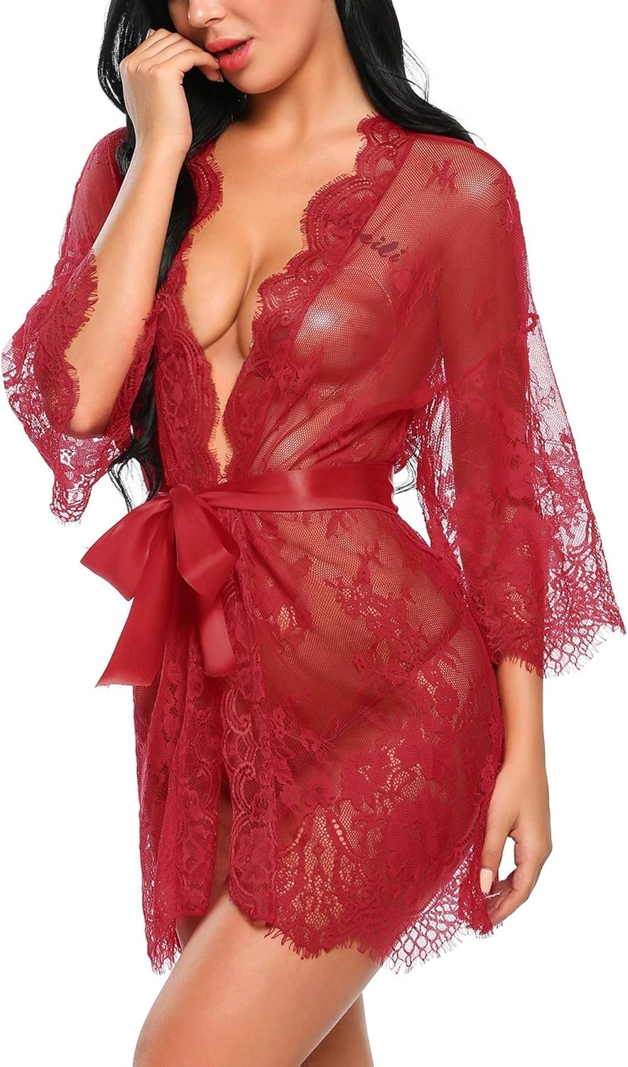 image:imageAvidlove Womens Lace Kimono Robe Babydoll Lingerie Mesh Nightgown S5XLDark Red