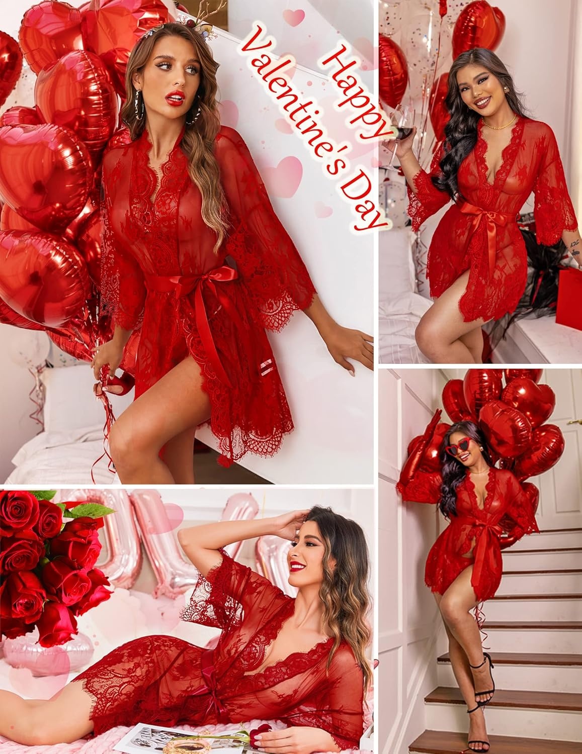 image:imageAvidlove Womens Lace Kimono Robe Babydoll Lingerie Mesh Nightgown S5XLDark Red