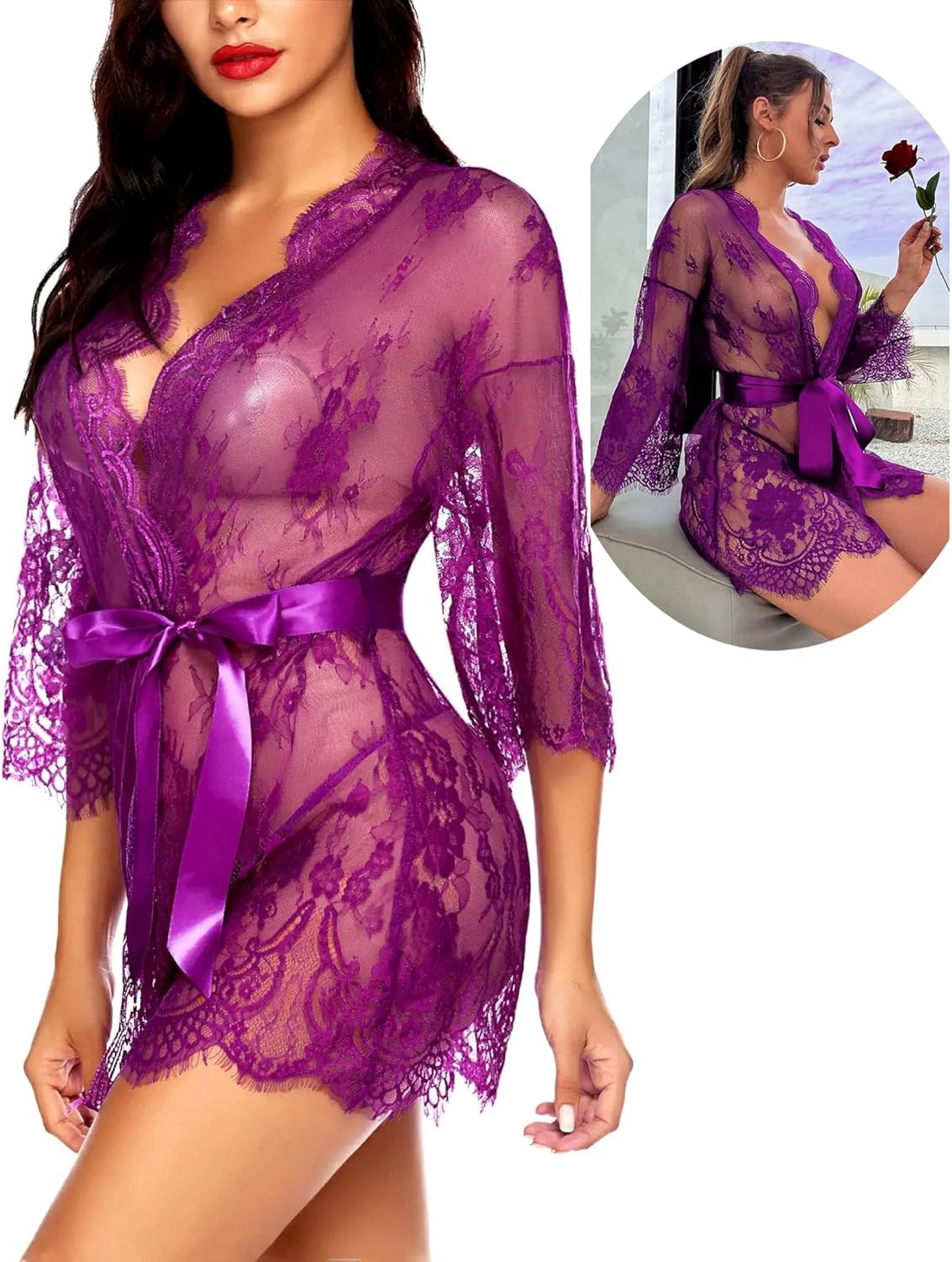 image:imageAvidlove Womens Lace Kimono Robe Babydoll Lingerie Mesh Nightgown S5XLLavender