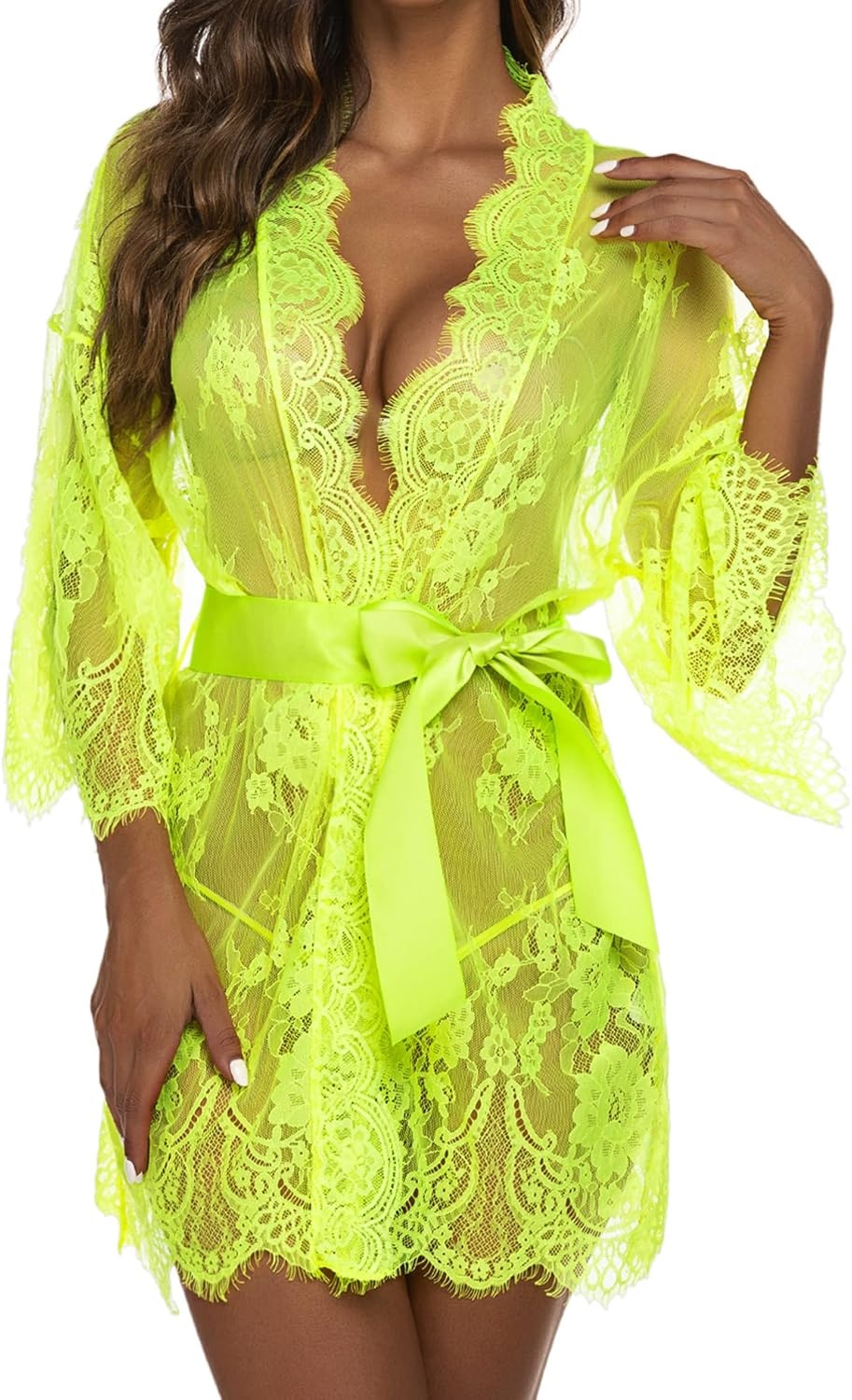 image:imageAvidlove Womens Lace Kimono Robe Babydoll Lingerie Mesh Nightgown S5XLLemon Yellow