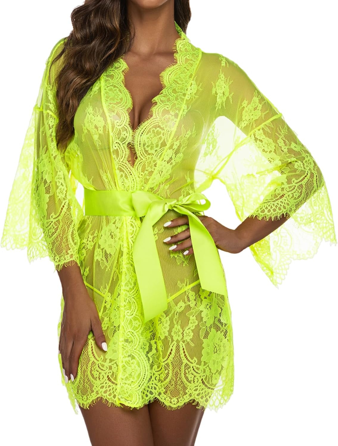 image:imageAvidlove Womens Lace Kimono Robe Babydoll Lingerie Mesh Nightgown S5XLLemon Yellow