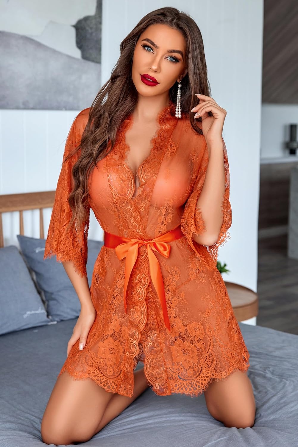 image:imageAvidlove Womens Lace Kimono Robe Babydoll Lingerie Mesh Nightgown S5XLOrange