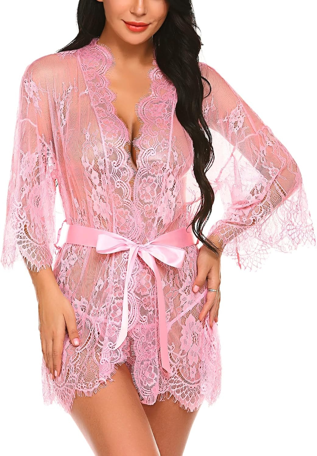 image:imageAvidlove Womens Lace Kimono Robe Babydoll Lingerie Mesh Nightgown S5XLPink