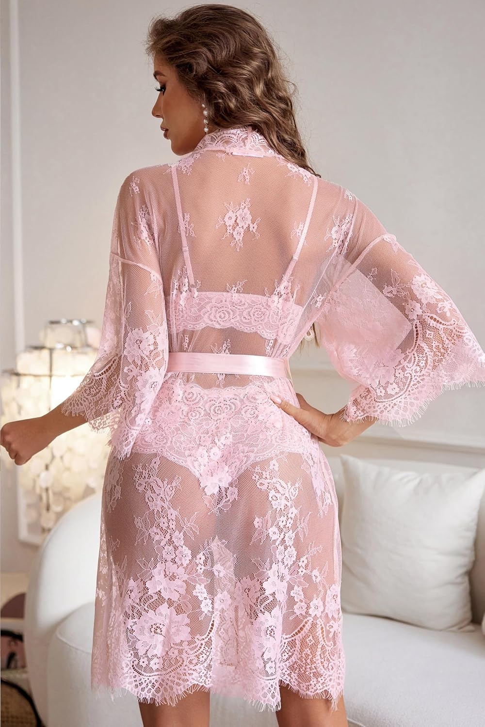 image:imageAvidlove Womens Lace Kimono Robe Babydoll Lingerie Mesh Nightgown S5XLPink