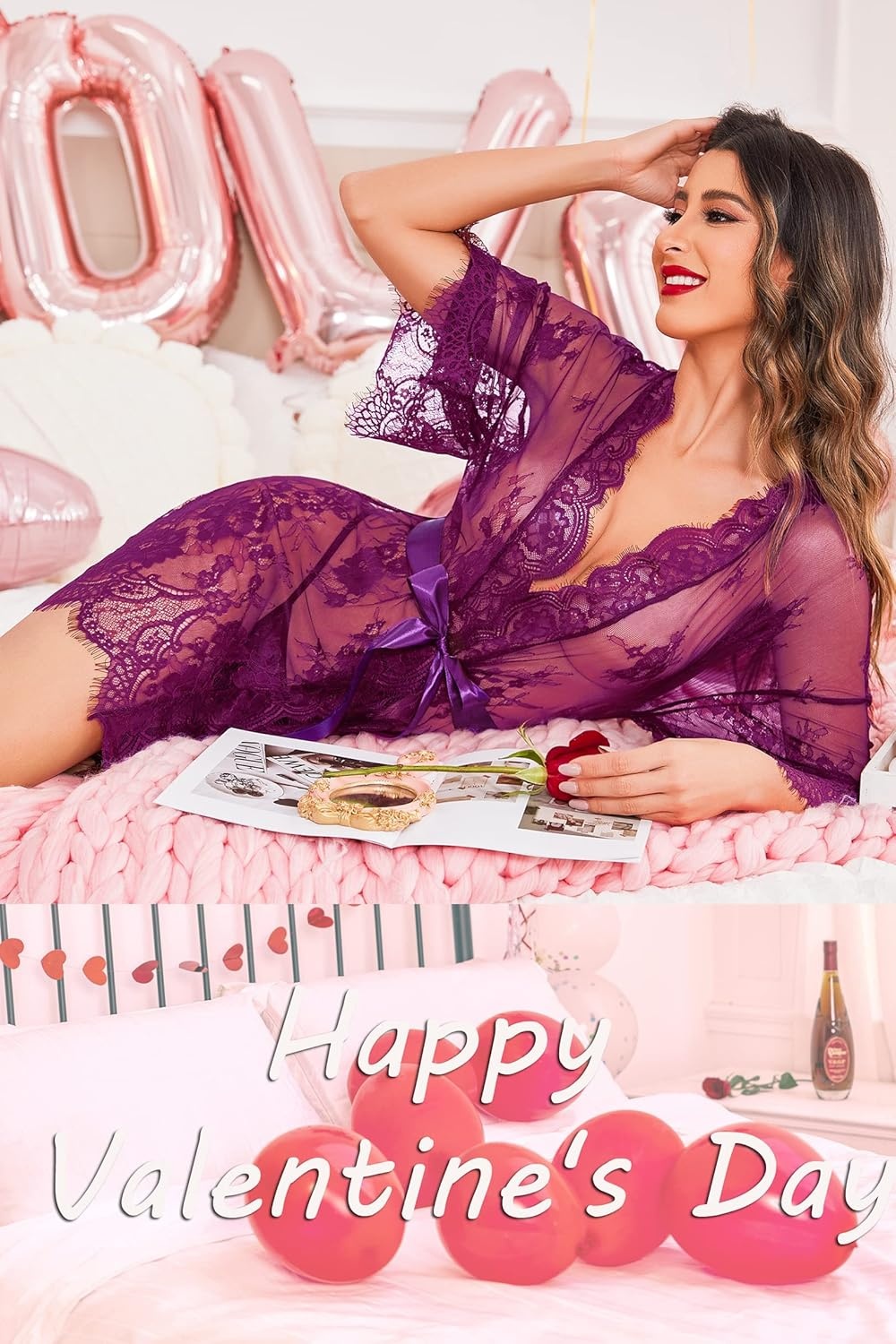 image:imageAvidlove Womens Lace Kimono Robe Babydoll Lingerie Mesh Nightgown S5XLPurple
