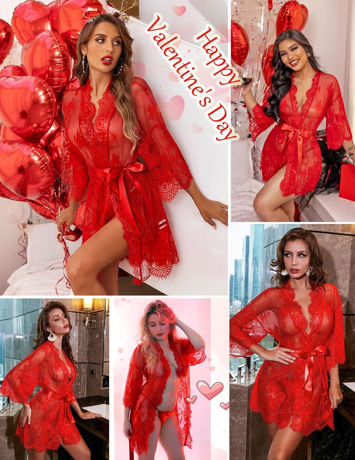 image:imageAvidlove Womens Lace Kimono Robe Babydoll Lingerie Mesh Nightgown S5XLRed