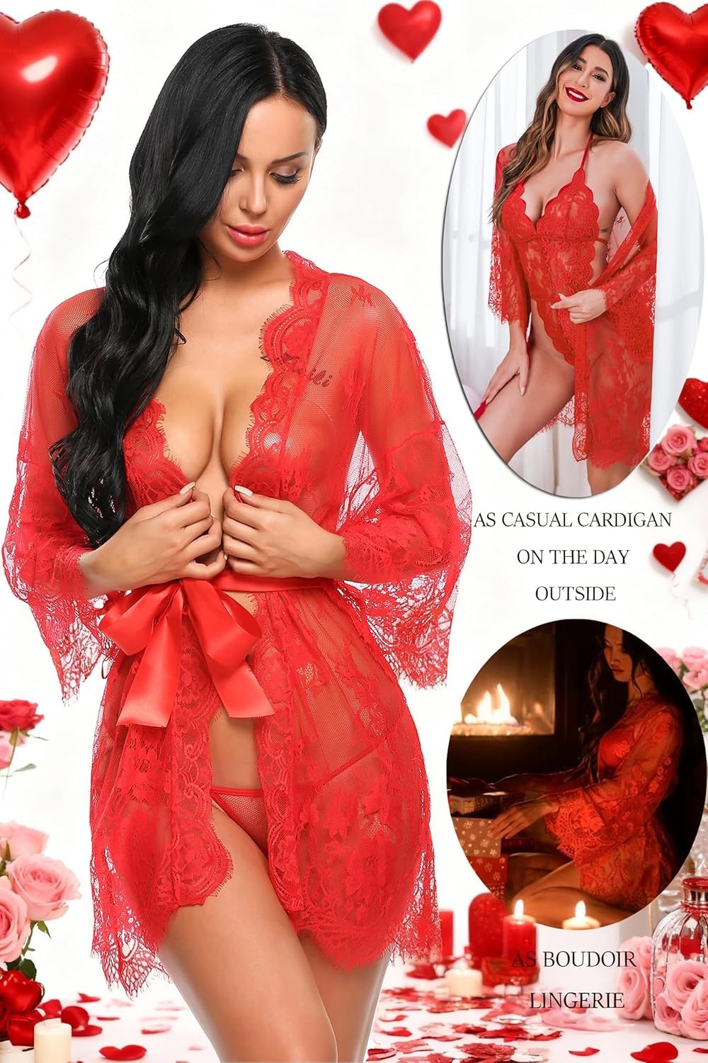 image:imageAvidlove Womens Lace Kimono Robe Babydoll Lingerie Mesh Nightgown S5XLRed