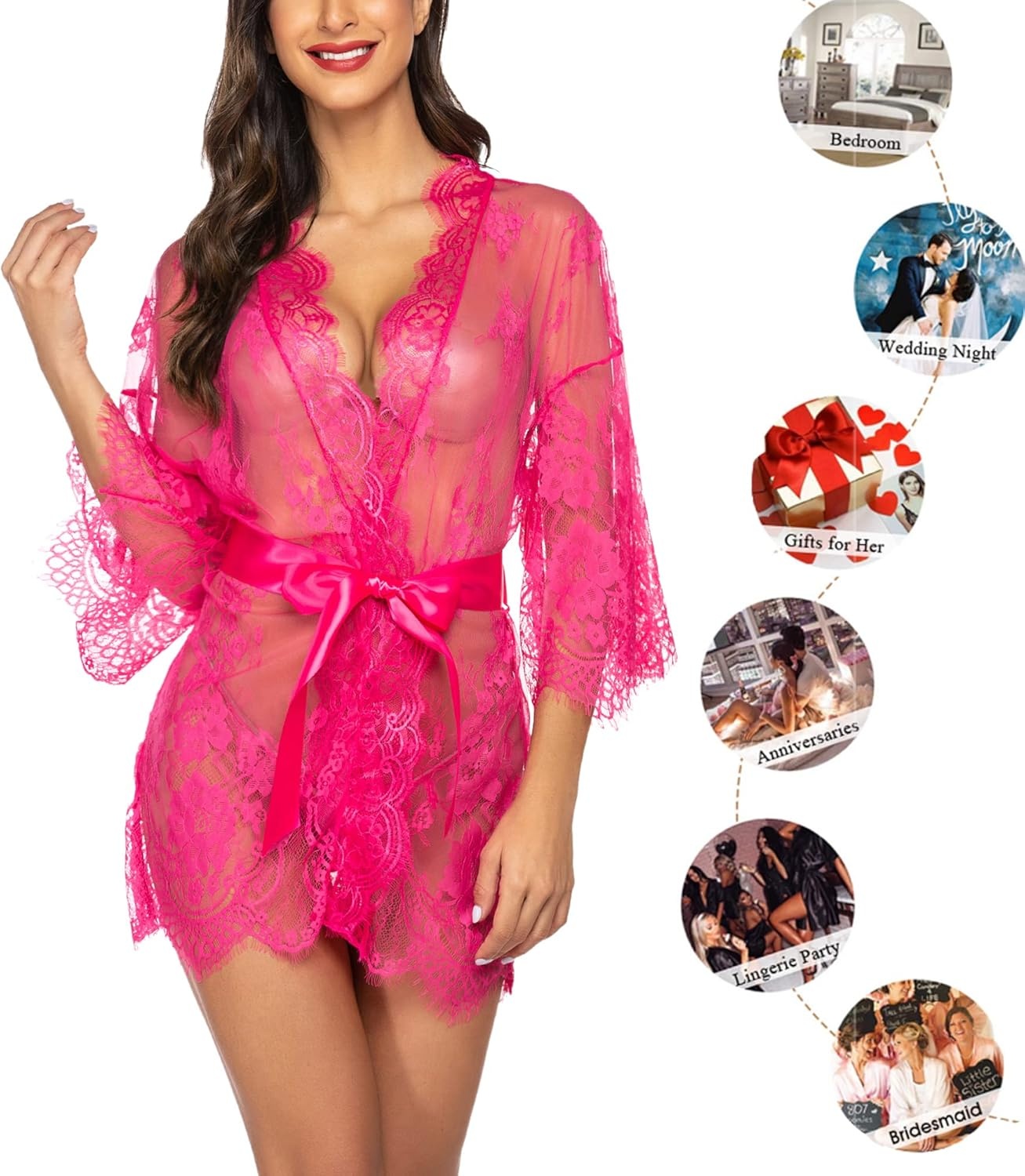 image:imageAvidlove Womens Lace Kimono Robe Babydoll Lingerie Mesh Nightgown S5XLRose Red