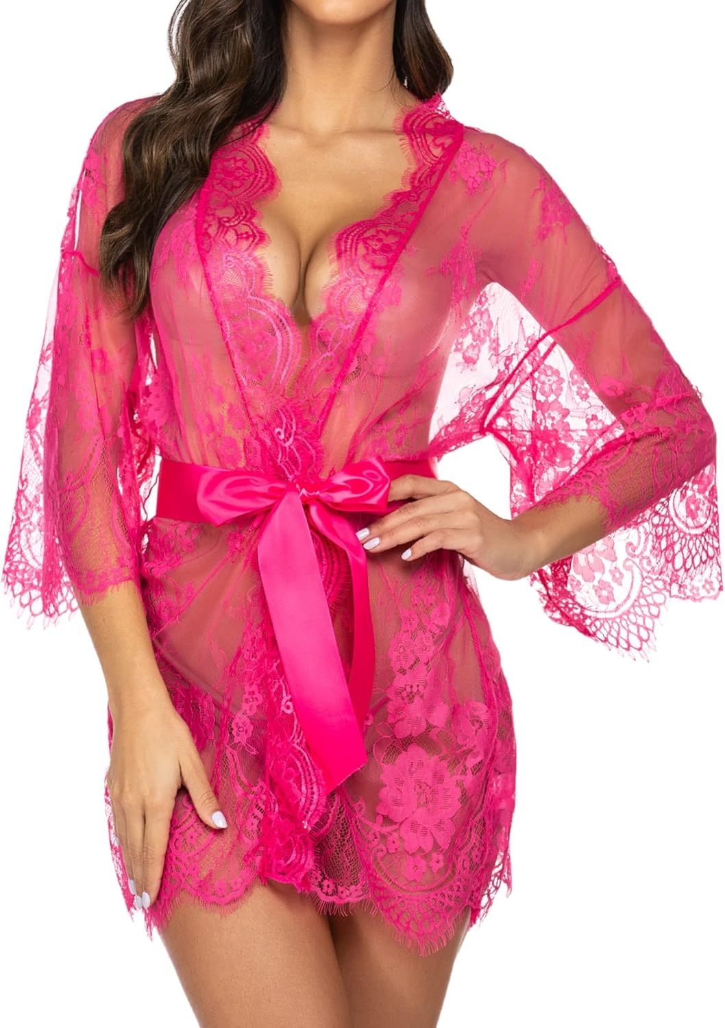 image:imageAvidlove Womens Lace Kimono Robe Babydoll Lingerie Mesh Nightgown S5XLRose Red