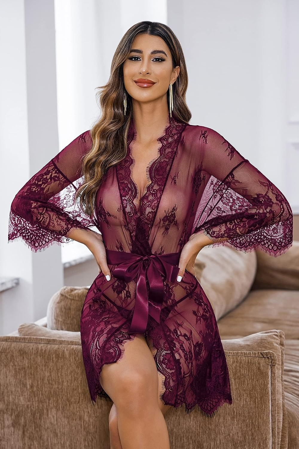image:imageAvidlove Womens Lace Kimono Robe Babydoll Lingerie Mesh Nightgown S5XLWine Red